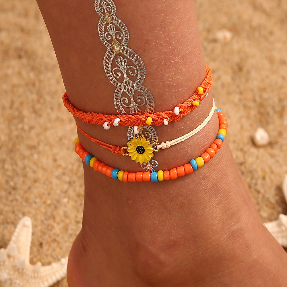 Handmade Mixed Color Rice Bead Multi-Layer Anklet