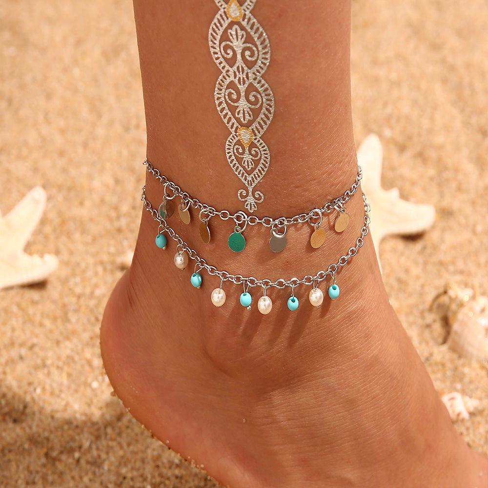 Handmade Mixed Color Rice Bead Multi-Layer Anklet