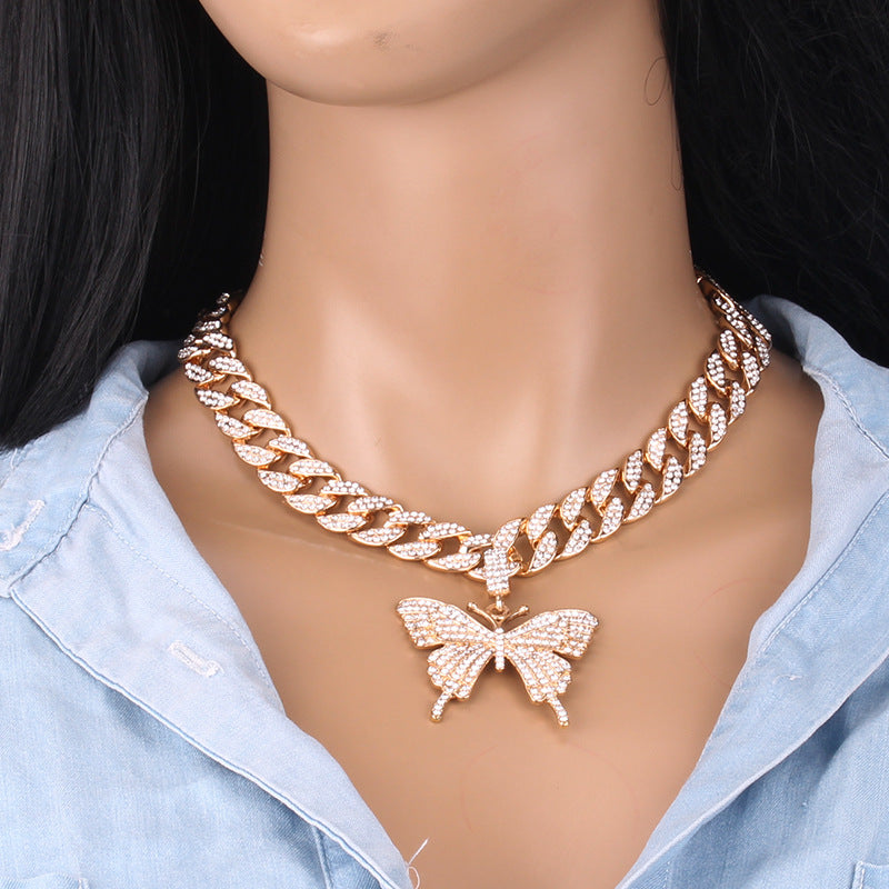 Hip Hop Trend Ins Style Diamond Butterfly Cuban Pull Daikin Clavicle Chain Unisex