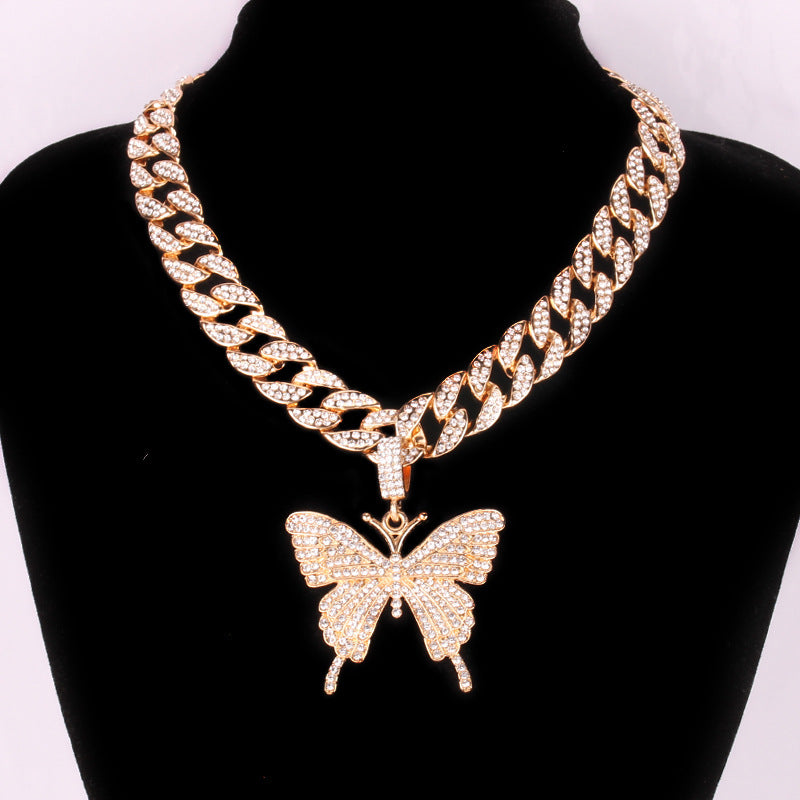 Hip Hop Trend Ins Style Diamond Butterfly Cuban Pull Daikin Clavicle Chain Unisex