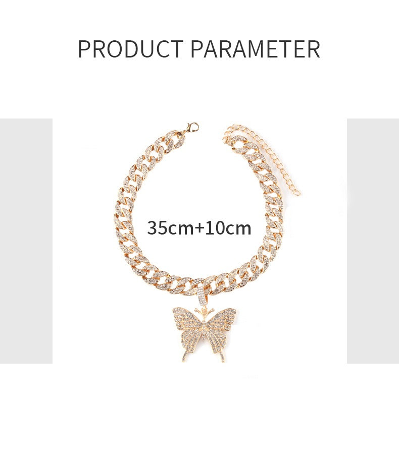 Hip Hop Trend Ins Style Diamond Butterfly Cuban Pull Daikin Clavicle Chain Unisex