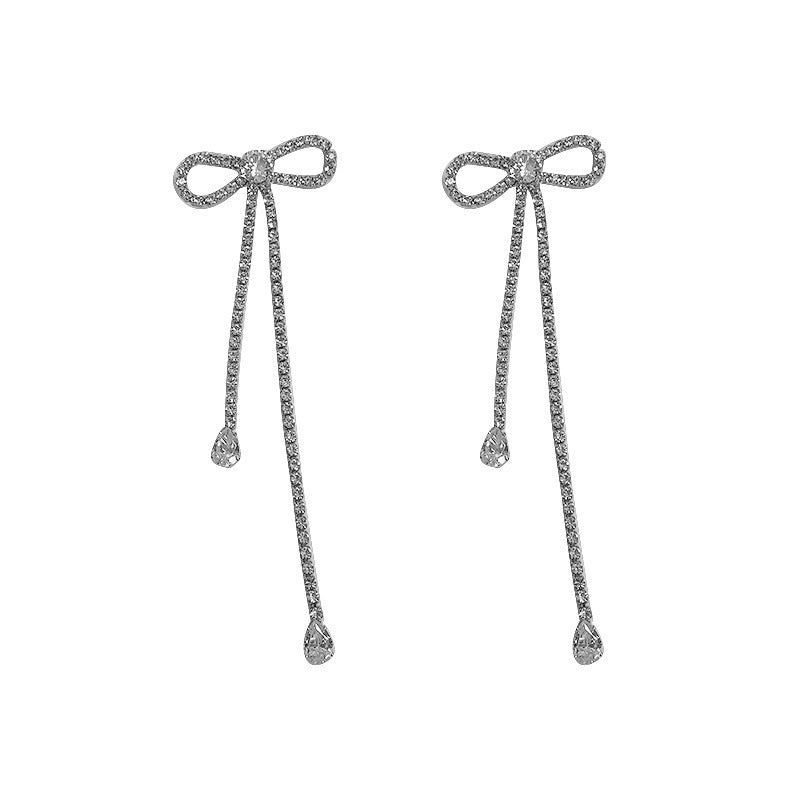 Fashion Jewelry Silver Needle Long Bow Tie Full-jeweled Stud Earrings