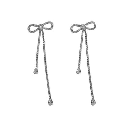 Fashion Jewelry Silver Needle Long Bow Tie Full-jeweled Stud Earrings