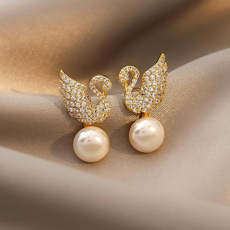  Sterling Silver Needle Korean Swan Zircon Pearl Stud Earrings