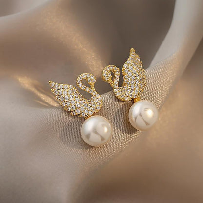  Sterling Silver Needle Korean Swan Zircon Pearl Stud Earrings