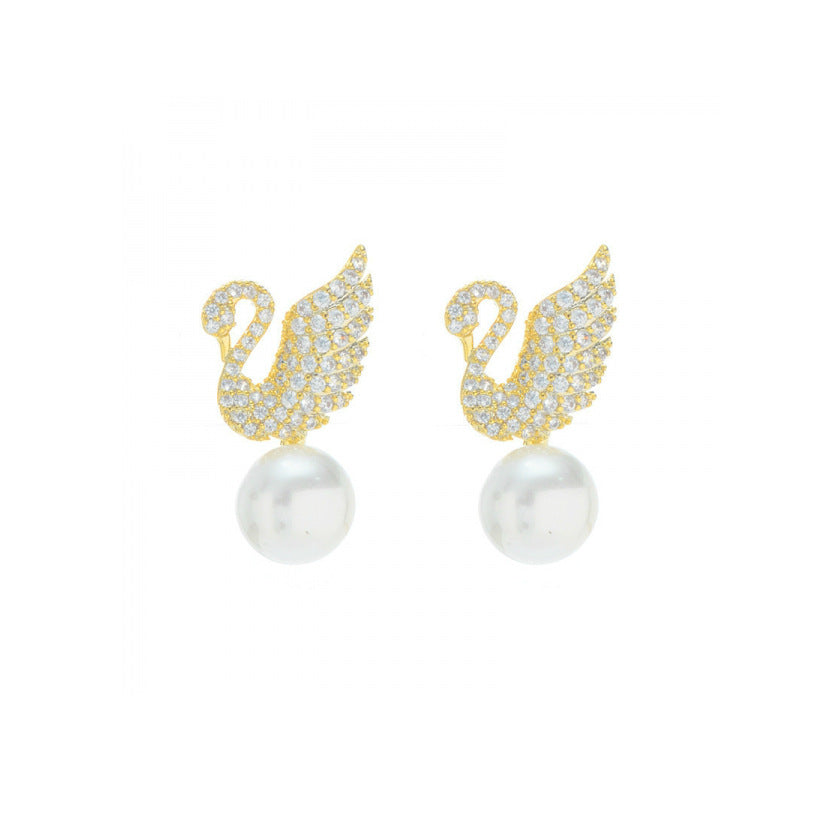  Sterling Silver Needle Korean Swan Zircon Pearl Stud Earrings